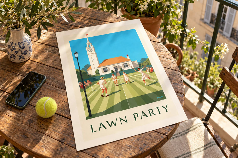 Poster gemengd dubbelspel tennis op gras en clubhuis: op een tafel