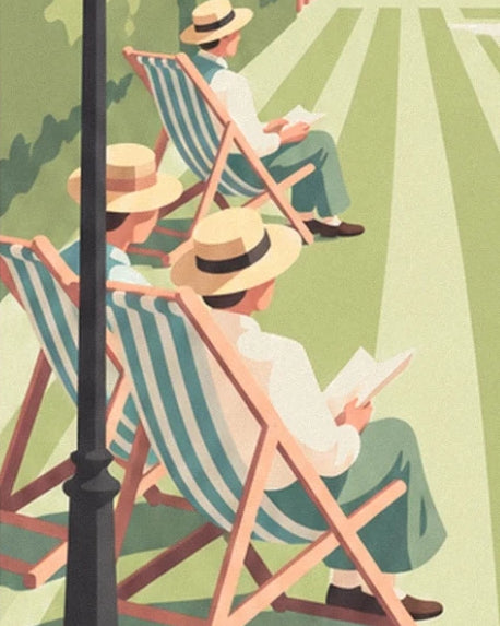 Spectators in straw hats on striped deckchairs beside the grass