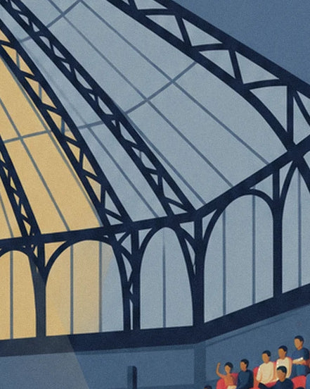 The arches and dark beams of the glass roof with blue and gold panes