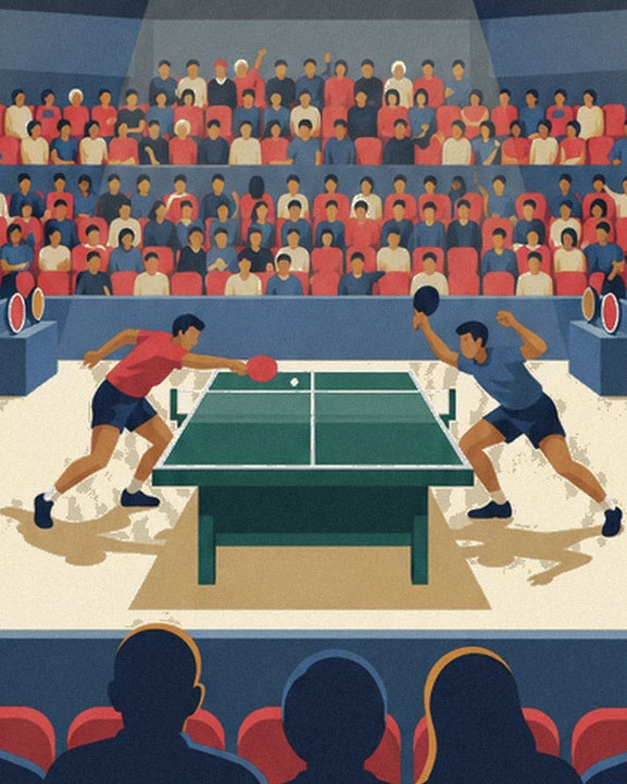 The 2 players in red and blue around the green table, in front of the packed stands