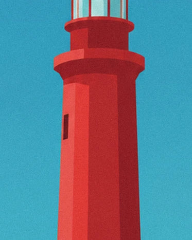 The red lighthouse with shaded sides and a glazed lantern against a blue background