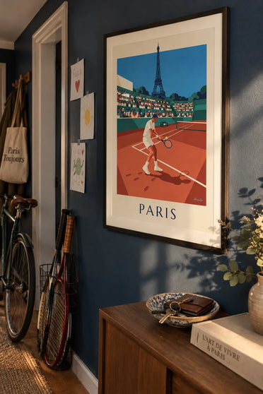 Poster tennisser op gravel in Parijs: ingelijst aan de muur