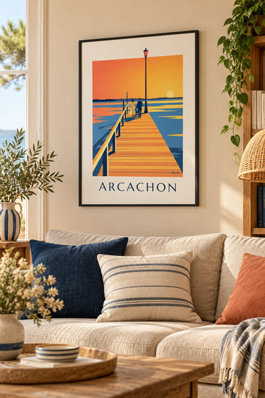 Affiche jetée Thiers d'Arcachon au coucher du soleil : encadrée au mur