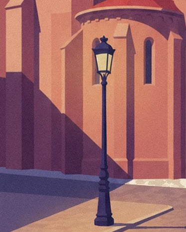 Un réverbère noir devant les murs orangés de la basilique Saint-Sernin