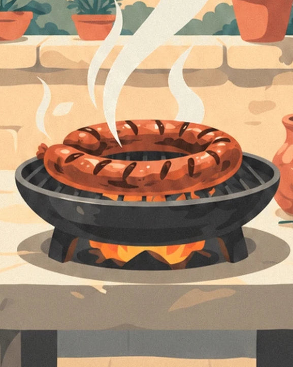 The golden coiled sausage on the black brazier, among flames and smoke