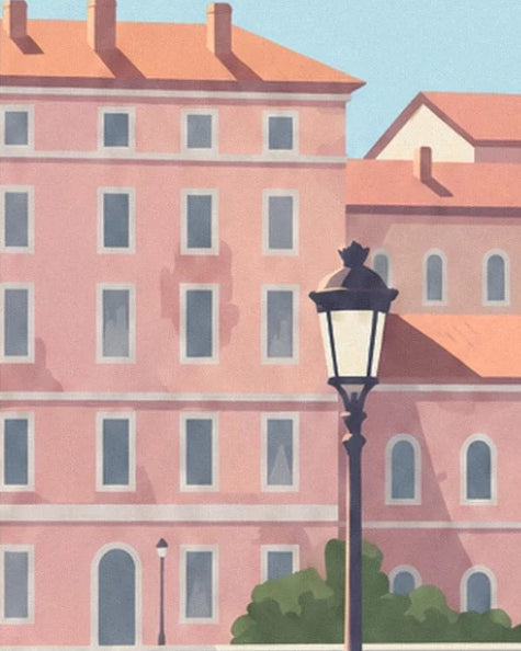 A black street lamp in front of pink façades with pale windows and green bushes