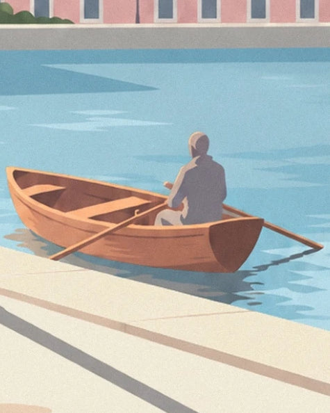 A wooden rowing boat and its rower on the blue waters of the Garonne