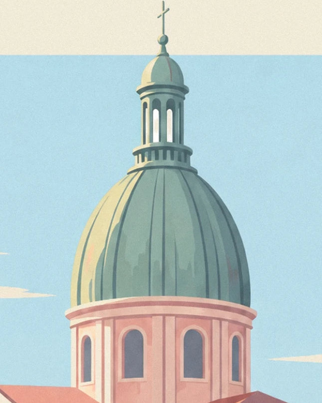 The green dome of La Grave and its roof lantern against the blue sky of Toulouse