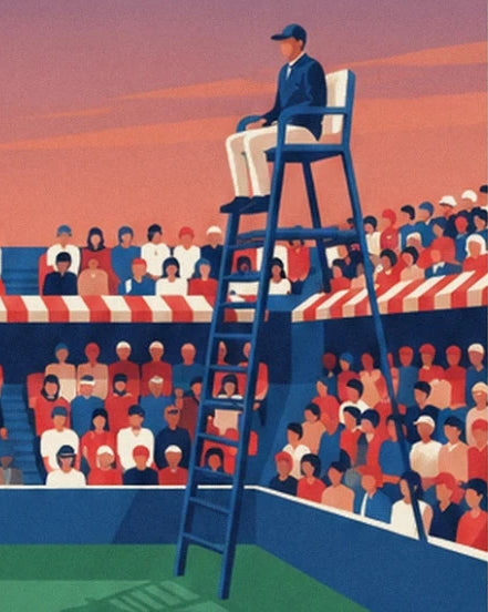 De scheidsrechter in een blauw jasje op zijn hoge stoel, voor de volle tribunes