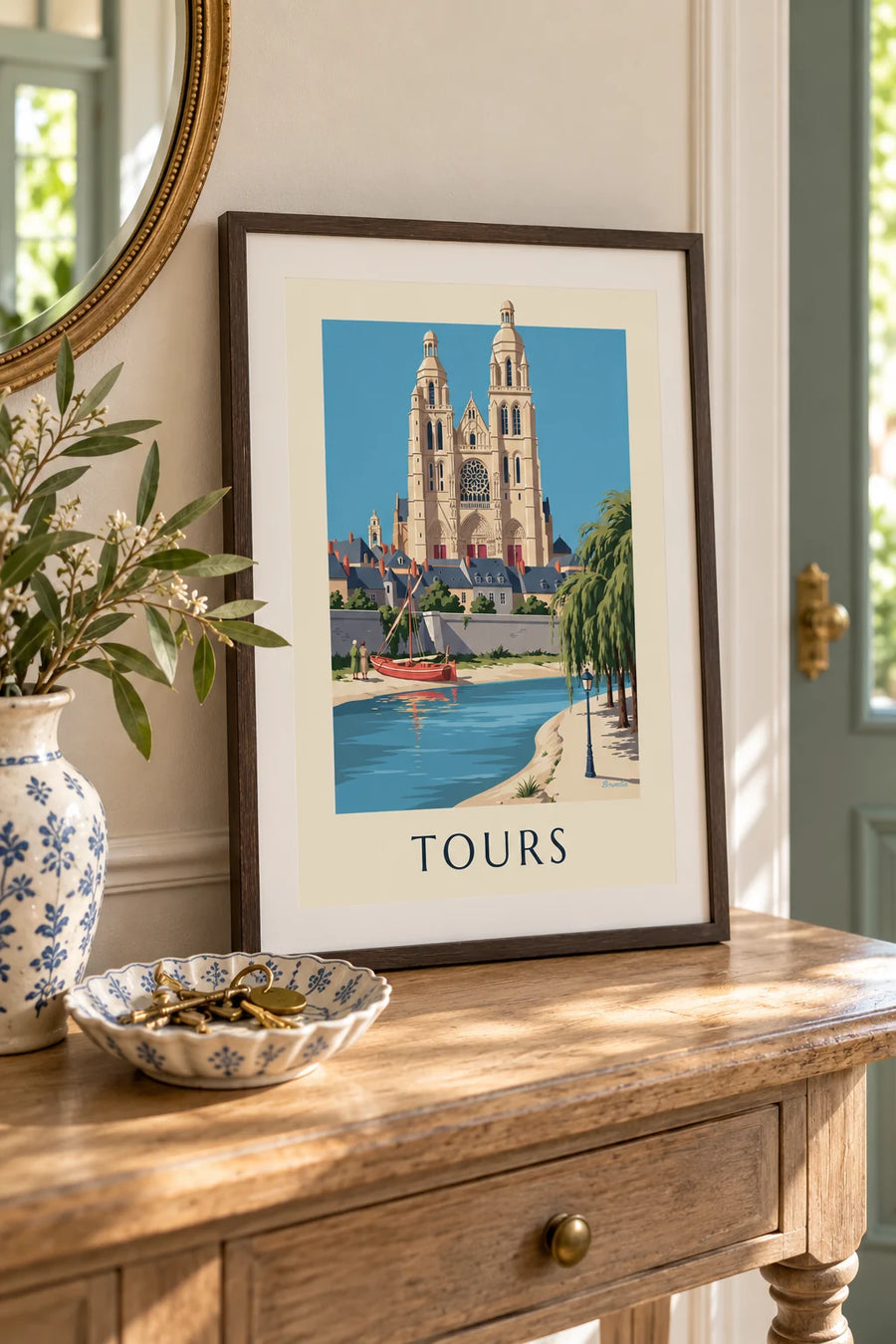 Poster kathedraal van Tours en de oevers van de Loire: klein formaat A4 ingelijst