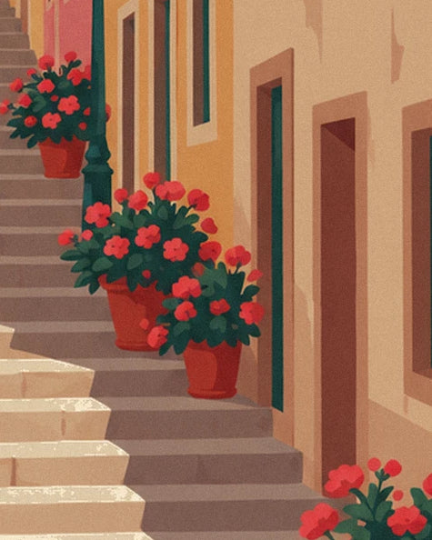 The red flower pots on the steps, along ochre façades with dark green doors