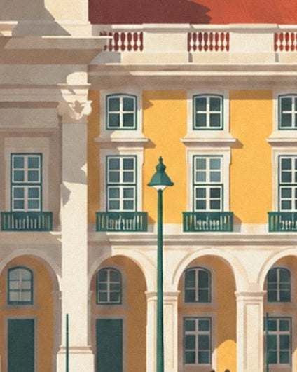 The yellow façade with white windows, green balconies and arcades on place du Commerce