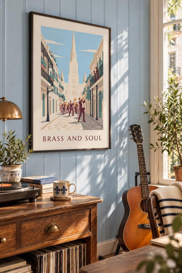 Poster jazzband in het Franse Kwartier van New Orleans: ingelijst aan de muur