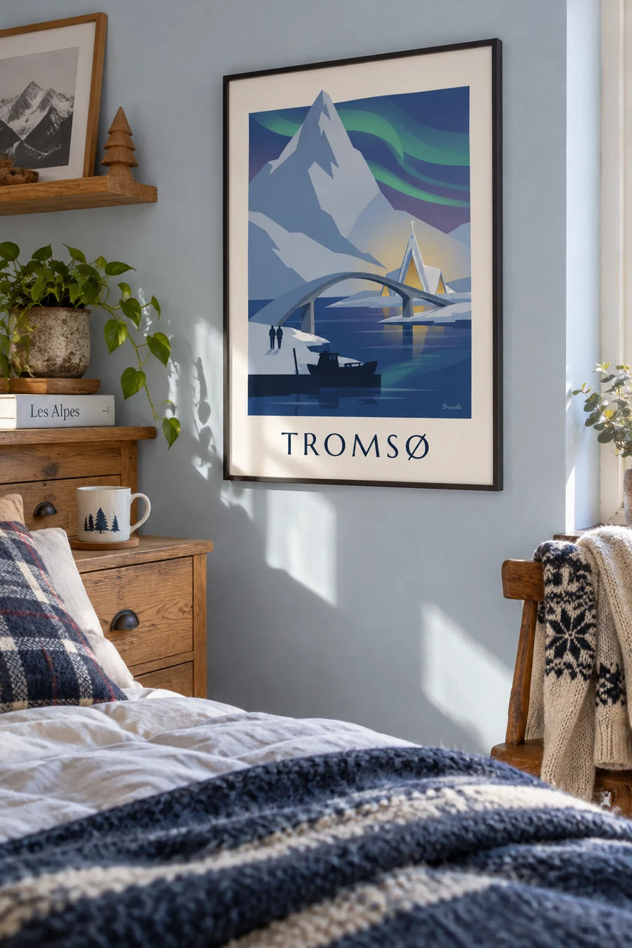 Poster Tromsø, poort naar het noordpoolgebied, en noorderlicht: ingelijst aan de muur