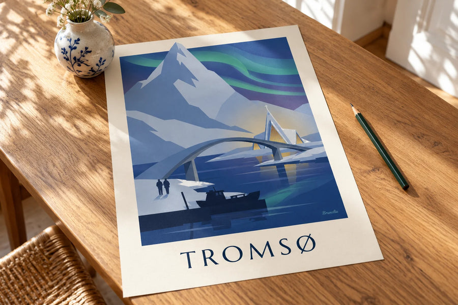 Poster Tromsø, poort naar het Noordpoolgebied, en noorderlicht: op een tafel