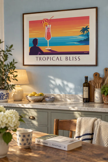 Poster exotische cocktail op een strandbar bij zonsondergang: ingelijst aan de muur