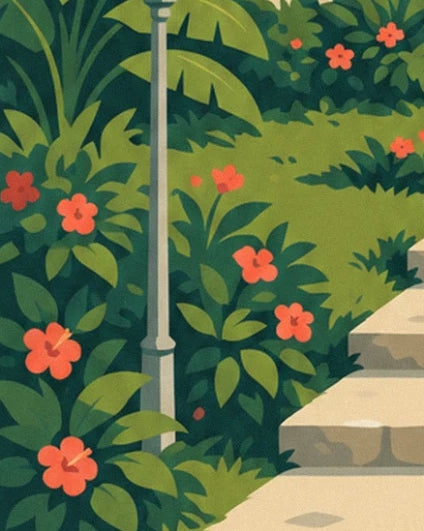 Les fleurs corail et le feuillage luxuriant autour du lampadaire et des marches claires