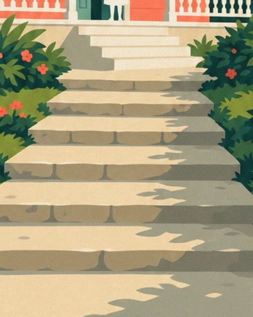 L’escalier en pierre claire bordé de feuillages et de fleurs rouges