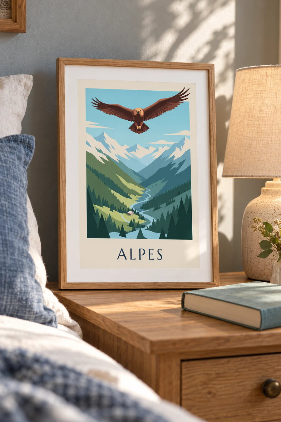 Poster steenarend boven een Alpendal: klein A4-formaat ingelijst