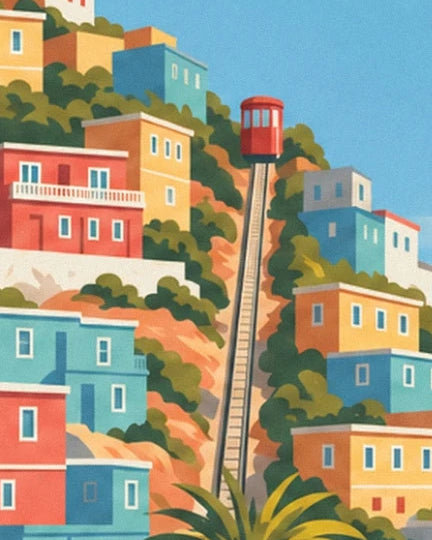 De rode kabelbaan op de steile rails, tussen de kleurrijke huizen van Valparaíso