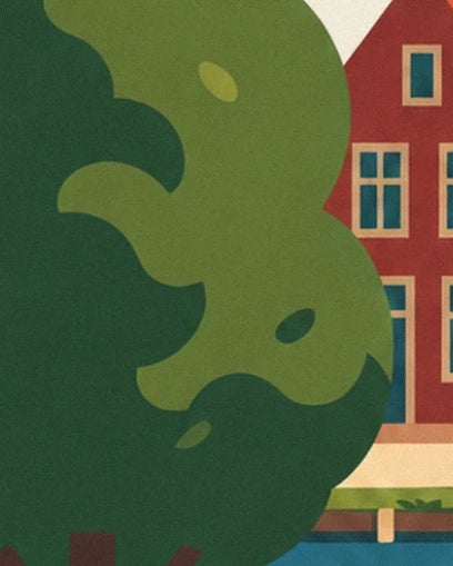 The green foliage of a tree in front of a red façade with cream windows