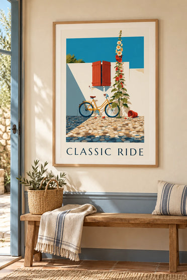 Affiche bicyclette classique jaune moutarde et bleue : encadrée au mur