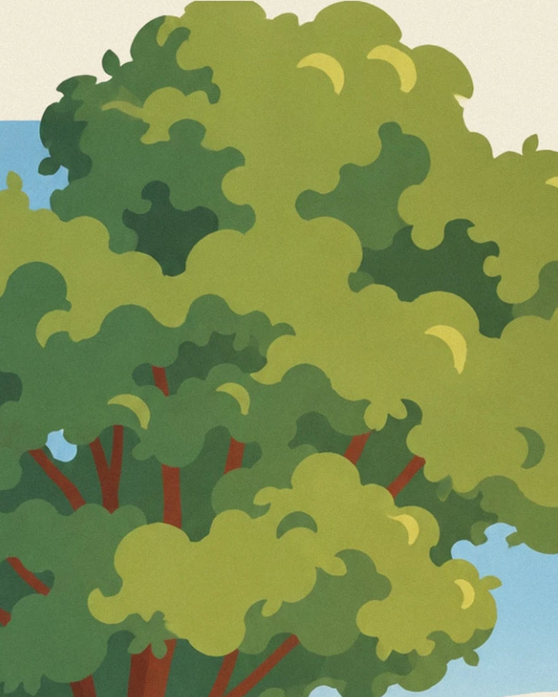 Le feuillage touffu de l'arbre, entre verts clairs et sombres et branches brunes