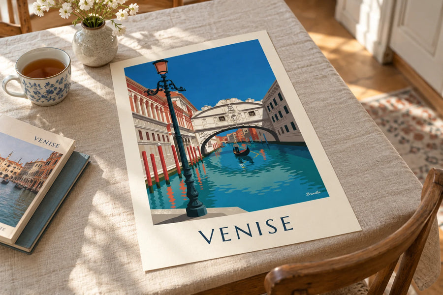 Poster gondel onder de Brug der Zuchten in Venetië: op een tafel