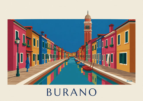 Poster kanaal en kleurrijke huizen van Burano, scheve klokkentoren: de hele poster