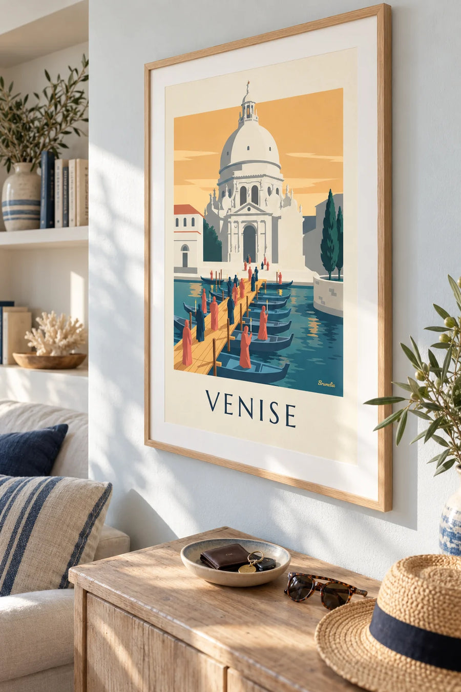 Affiche pèlerins sur le pont de bateaux vers la Salute à Venise : encadrée au mur
