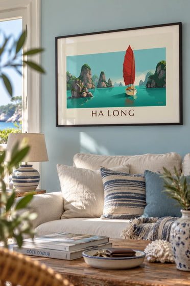 Poster van een jonk met rode zeilen in de baai van Ha Long: ingelijst aan de muur