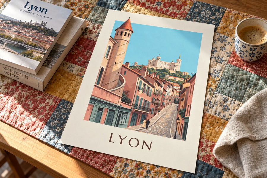 Poster renaissancegevels van Vieux Lyon en Fourvière: op een tafel
