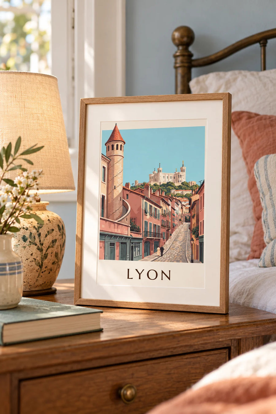Poster renaissancegevels van Vieux Lyon en Fourvière: klein formaat A4, ingelijst