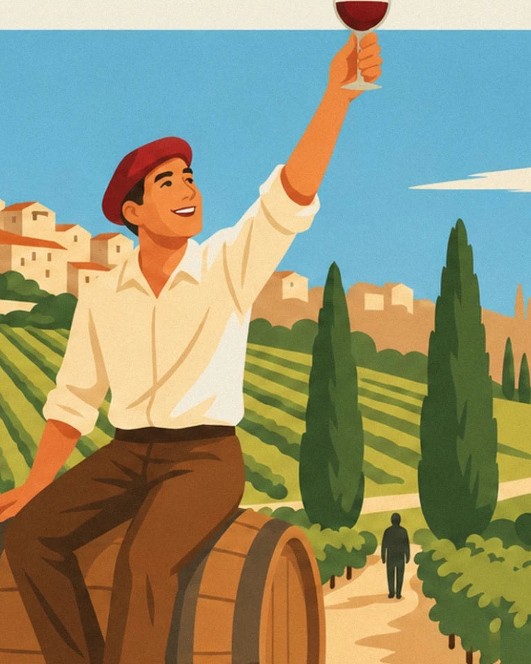 Man on a wine barrel raising his glass poster: close-up detail