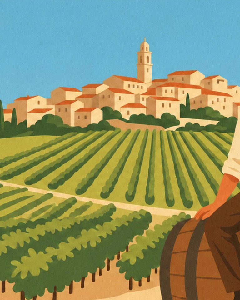 Man on a wine barrel raising his glass poster: close-up detail