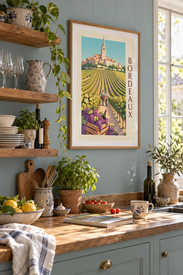 Poster druivenoogst in Saint-Émilion, kist druiven en gouden wijngaarden: ingelijst aan de muur
