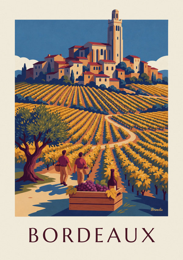 Saint-Émilion grape harvest, grape crate and golden vines poster