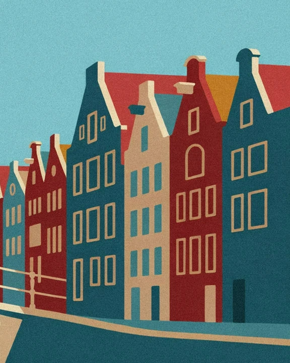 Façades à pignons en escalier, bleu pétrole, rouge et crème, alignées le long du canal