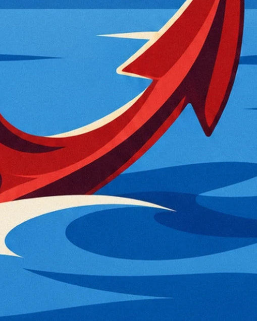 De rode arm van het anker met zijn omhoog gebogen punt, boven blauwe weerspiegelingen