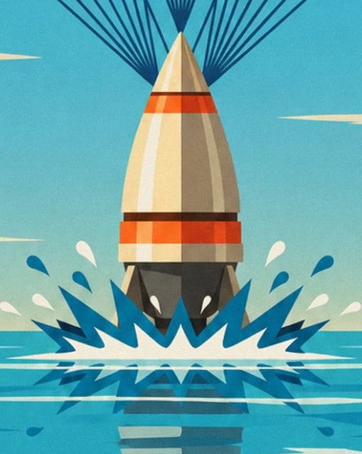 The cream capsule with orange stripes amid the ocean spray