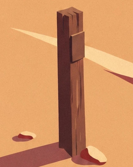 Un poteau brun au milieu du sable orangé, entre 2 pierres et une longue ombre