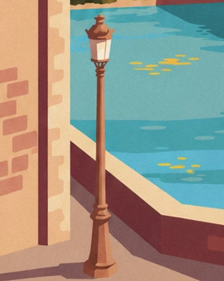 A brown street lamp beside the turquoise blue Rhône, near an ochre wall