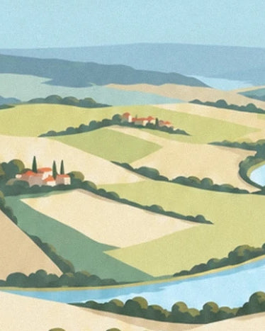 Green and golden fields, houses with red roofs and the winding river