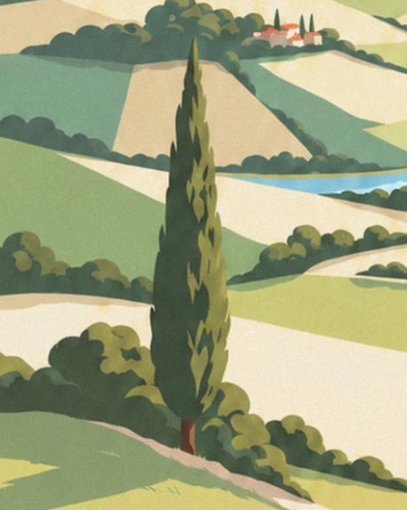 A slender cypress in front of rolling fields, the river and a distant farm