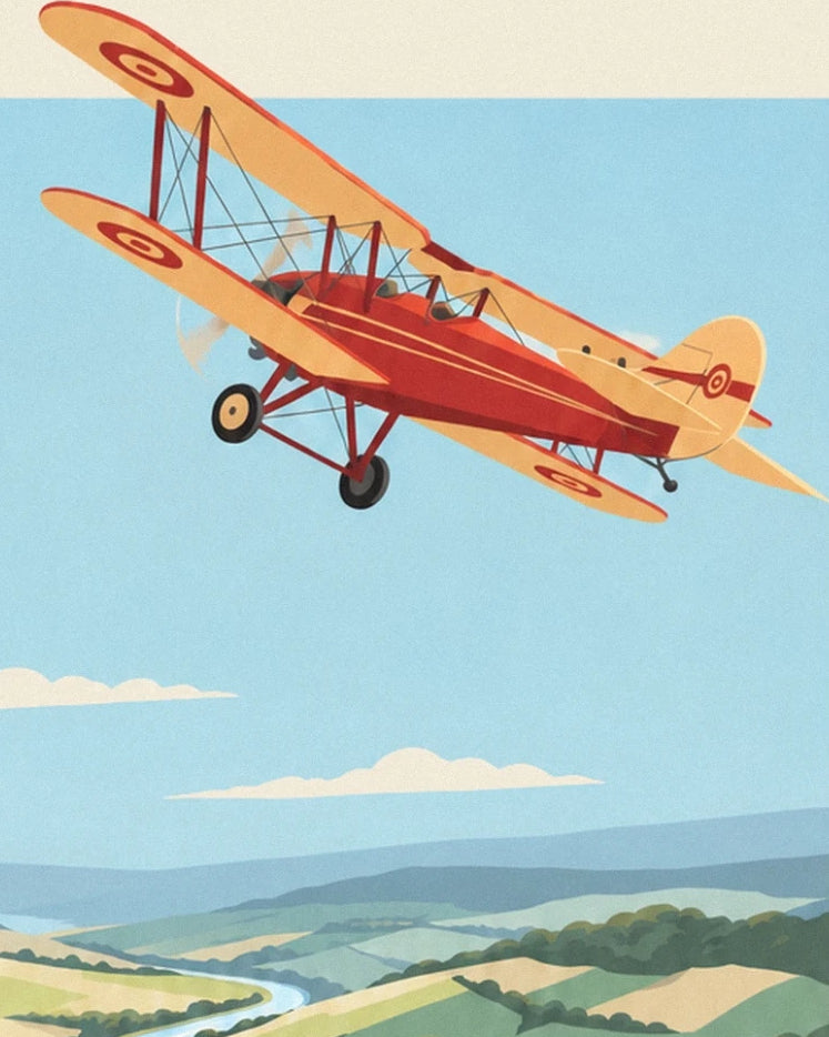 The red and yellow biplane above the fields, against a blue sky