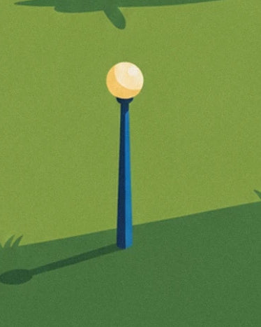 Le lampadaire bleu à globe jaune et son ombre allongée sur l’herbe de l’aérodrome
