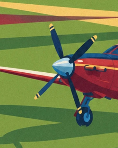 L’hélice bleu foncé aux extrémités jaunes et la roue sous le nez rouge de l’avion