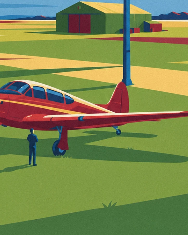 L’avion rouge et crème près d’un personnage en bleu, devant le hangar de l’aérodrome