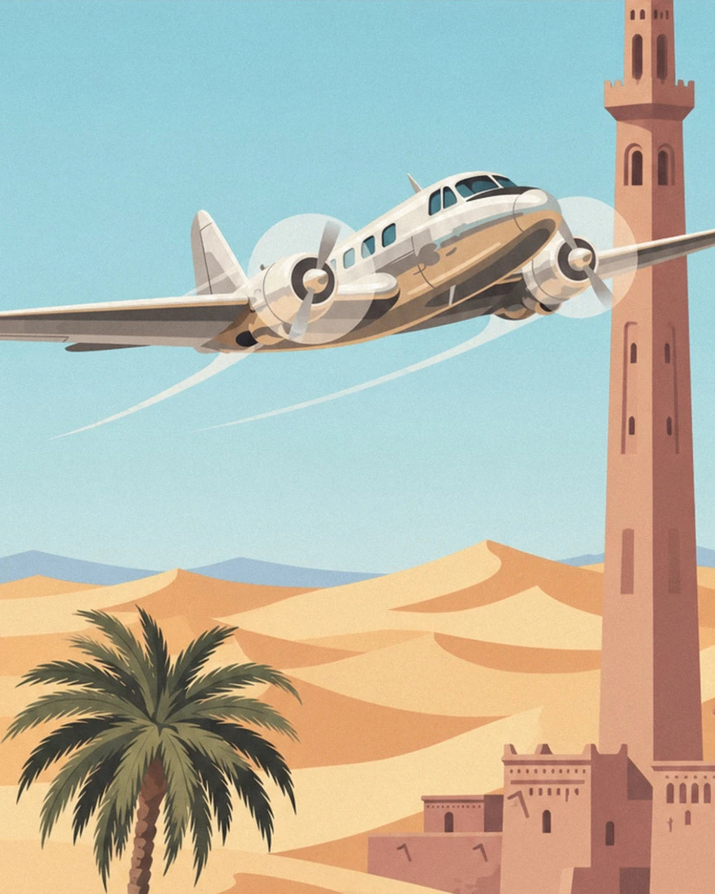 The silver plane above the dunes between a palm tree and a tall ochre tower