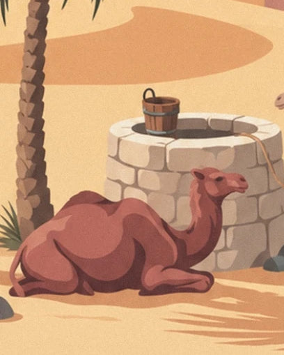 A brown dromedary lying beside the stone well and its bucket in the shade of a palm tree